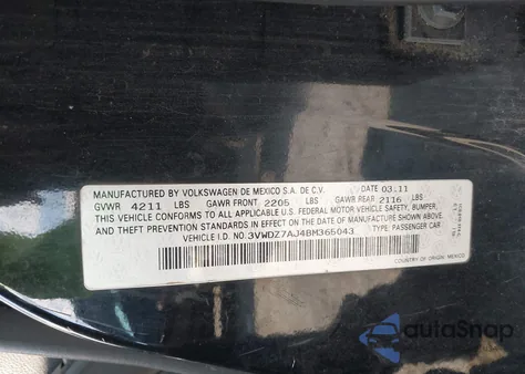 2011 Volkswagen Jetta 2.5L Se из США, поврежденный, VIN 3VWDZ7AJ4BM365043